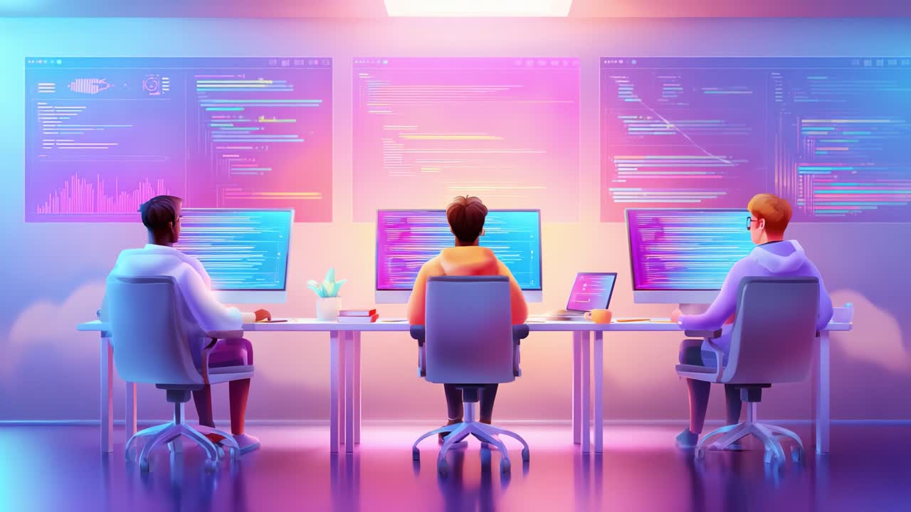 A Dynamic Team of Programmers Focuses on Coding and Collaboration in a Modern Office Space with Vibrant Screens Displaying Data and Code, Enhancing Productivity Through Team Efforts