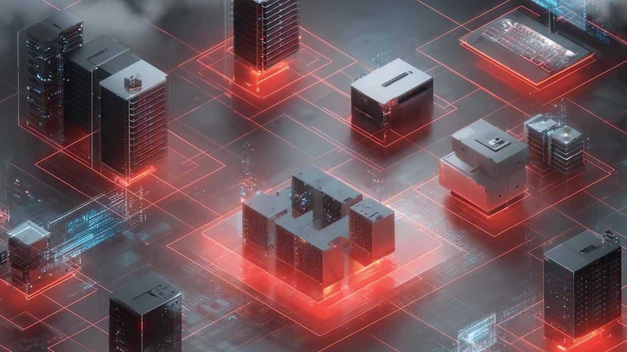 Aerial View of a Futuristic Cityscape with Technological Buildings Highlighted by Neon Red Lines and Network Connections in a Digital Landscape