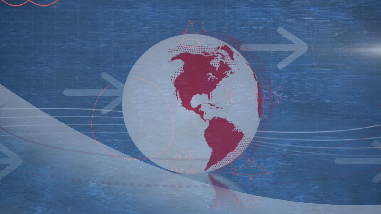 파란색 배경에 수학 방정식과 화살표 위의 지구의 애니메이션