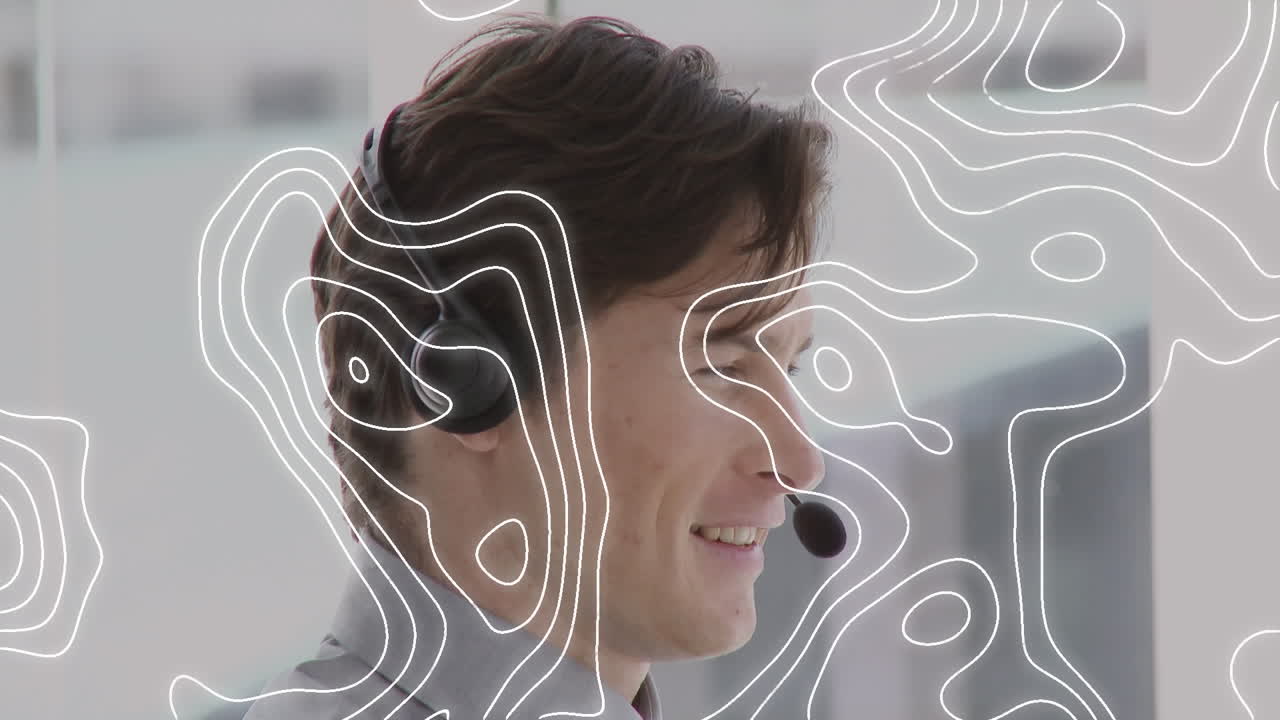 휴대폰 헤드 ⁇ 을 착용 한 남자 위에 움직이는 선의 애니메이션