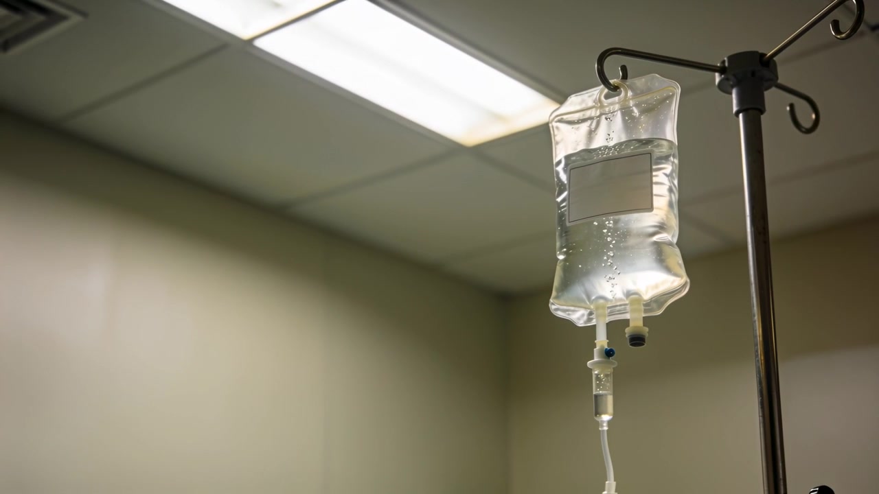 Una sacca per flebo che gocciola mostra il fluido mosso dalla gravità attraverso la camera di gocciolamento e il tubicino in una clinica, con spazio per il testo.