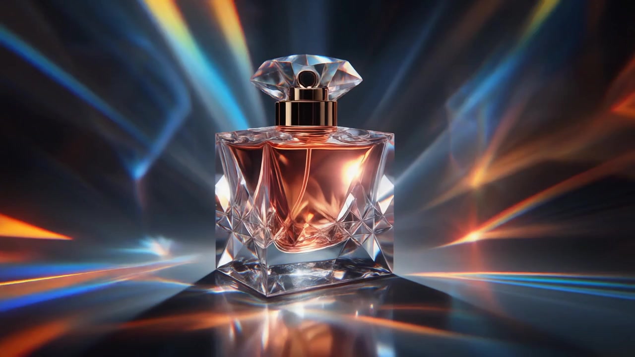 Flacone di profumo di lusso con rifrazioni di luce astratte