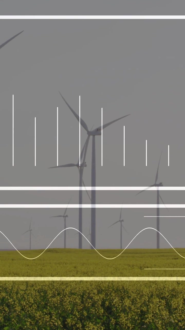 Video verticale: Sovrapposizione di dati che appare, turbine che ruotano e barre che pulsano per mostrare la produzione eolica