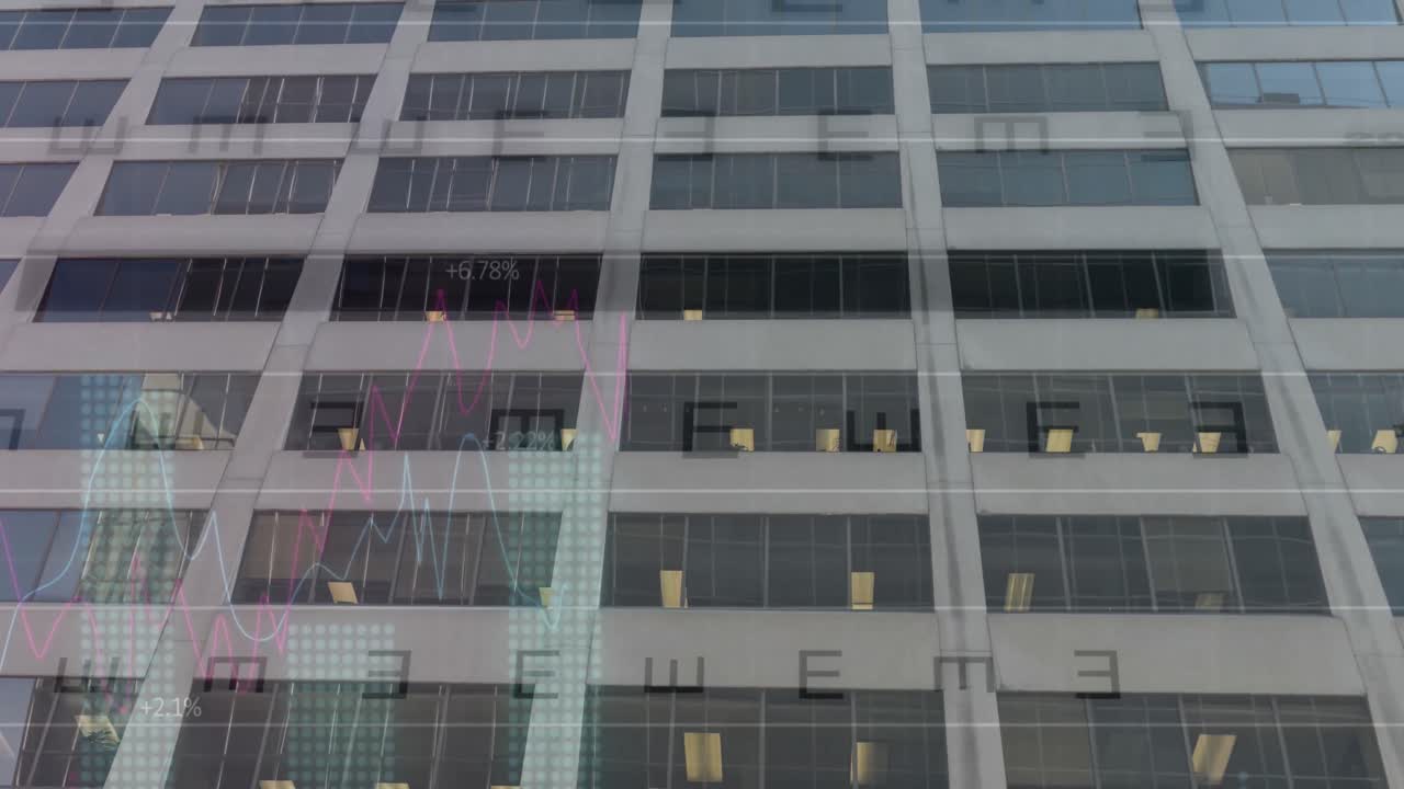 анимация финансовых графиков и данных над офисным зданием