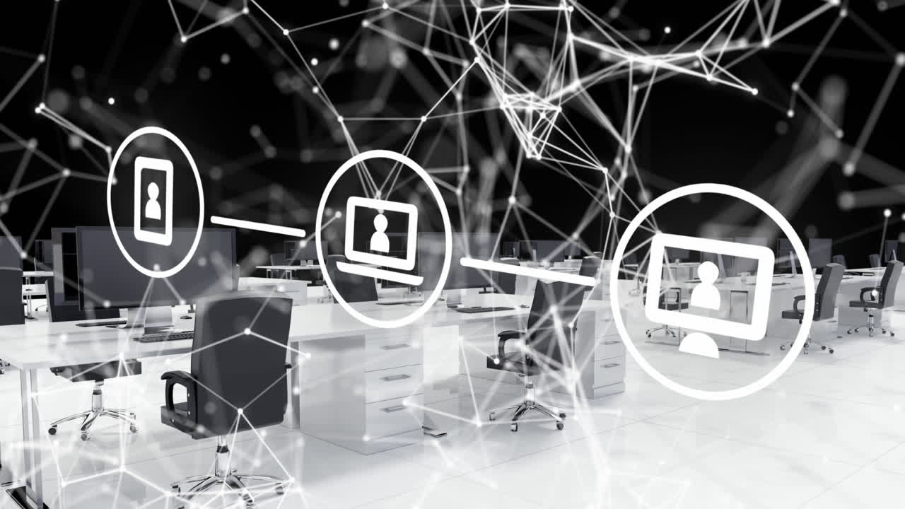 기술 아이콘의 애니메이션과 사무실 책상에 대한 연결