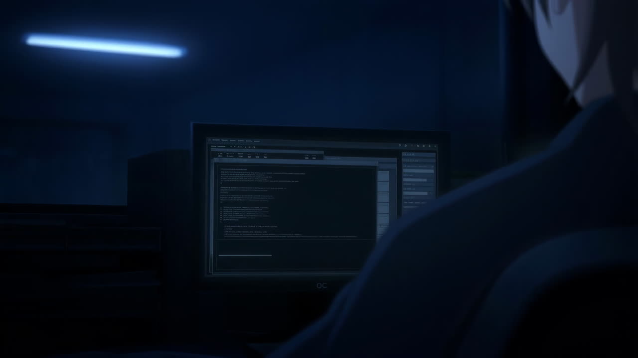 Person Coding on Computer in a Dark Anime Setting