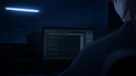 person coding on computer in a dark anime setting