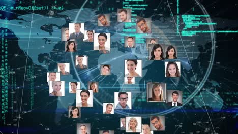 Animation-of-digital-interface-showing-world-map-and-information-with-images-of-business-people