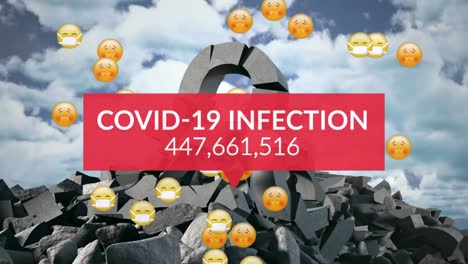 Covid-19-infection-text-with-increasing-numbers-and-face-emojis-against-broken-pound-currency-symbol