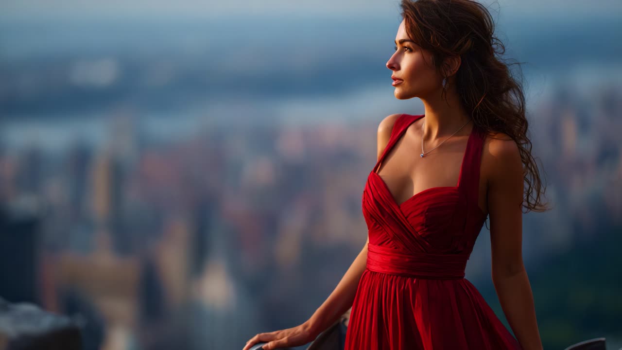 A stunning woman in a flowing red dress gazes over a breathtaking city skyline, bathed in soft evening light, capturing a moment of elegance and beauty