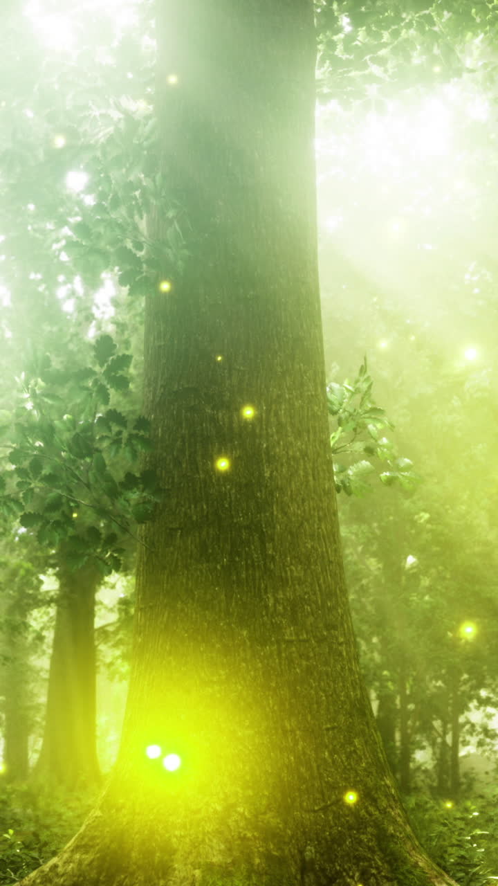 Mysterious forest ambiance with glowing elements during golden hour