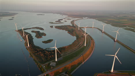 aerial view of windpark krammer at sunrise in krammersluis, bruinisse, netherlands.