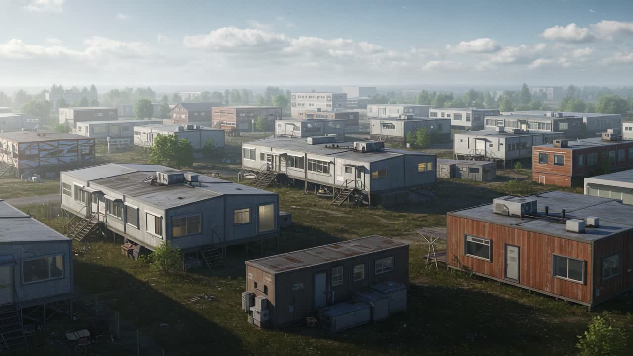 Aerial View of a Mobile Home Community Showcasing Rows of Trailer Houses Surrounded by Greenery and Open Spaces under a Clear Blue Sky