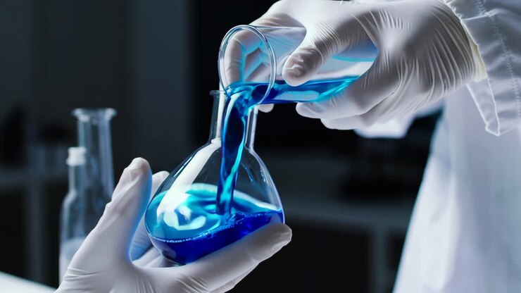 Scienziato che versa liquido blu in una beuta