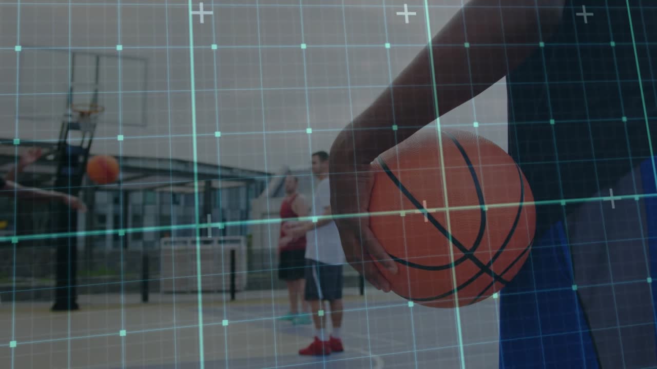 Right arm holding ball ready, triggered by red shot, teammates dribbling for drill, HUD shifting