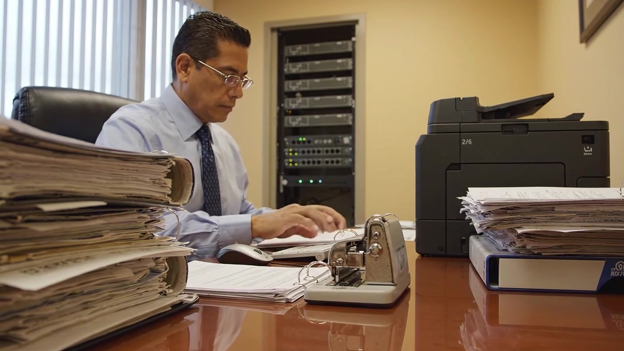Focused Professional Working at Desk Surrounded by Paperwork and Office Equipment, Engaged in Important Tasks with a Printer and Stapler Nearby