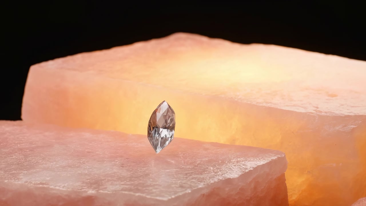 Gemma sfaccettata trasparente poggia su lastre cristalline rosa pallido con un caldo bagliore ambrato, morbidi riflessi sui bordi, texture sottile, atmosfera di lusso elegante, vista ravvicinata dal basso, ambientazione minimale raffinata