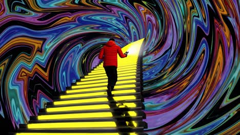 a person ascending a glowing staircase in a colorful abstract spiral tunnel