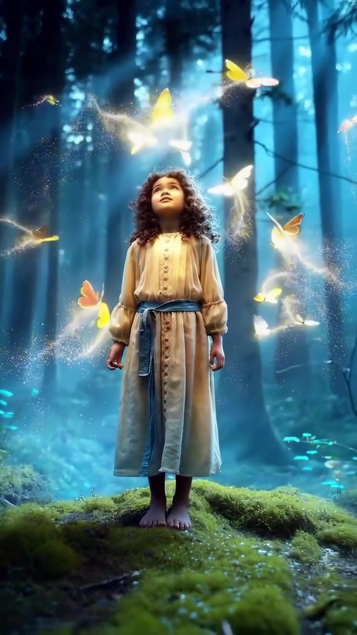 Giovane ragazza in piedi in una foresta magica con farfalle luminose