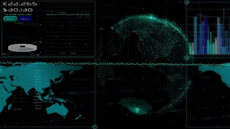 Financial data processing against globe spinning