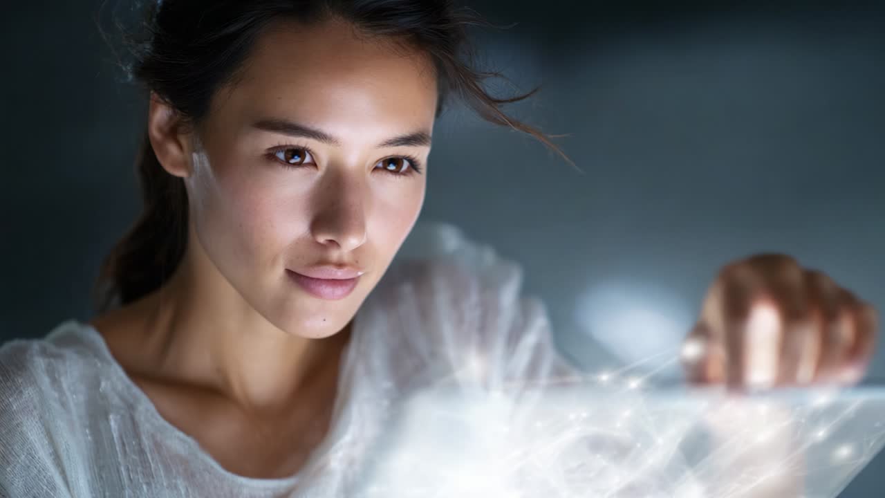 A young woman interacts thoughtfully with a futuristic holographic display, showcasing her focused expression and the enchanting glow of digital elements surrounding her, embodying a blend of technology and creativity