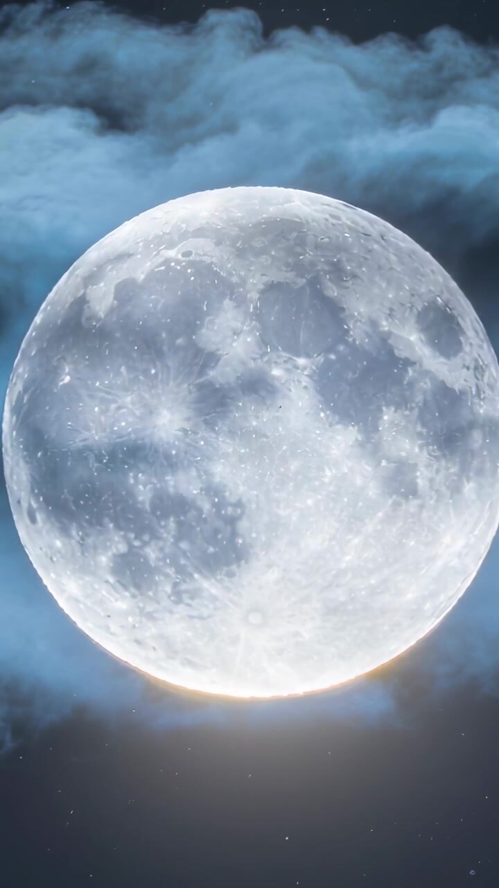 Vertikales Video: Leuchtender Vollmond am Nachthimmel, Brise bewegt blaugraue Wolken und schwache Sterne.