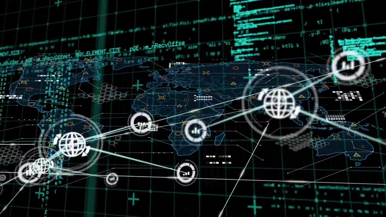 Animation af et netværk af forbindelser med ikoner over en globus og et gitter