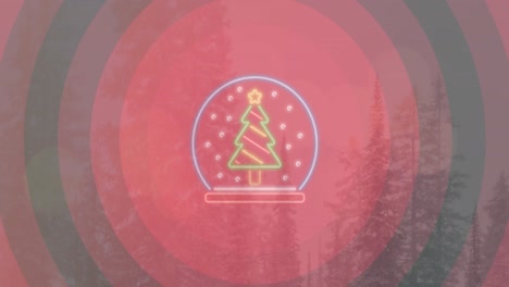 Animation-of-neon-christmas-tree-over-winter-scenery-with-trees-and-red-circles
