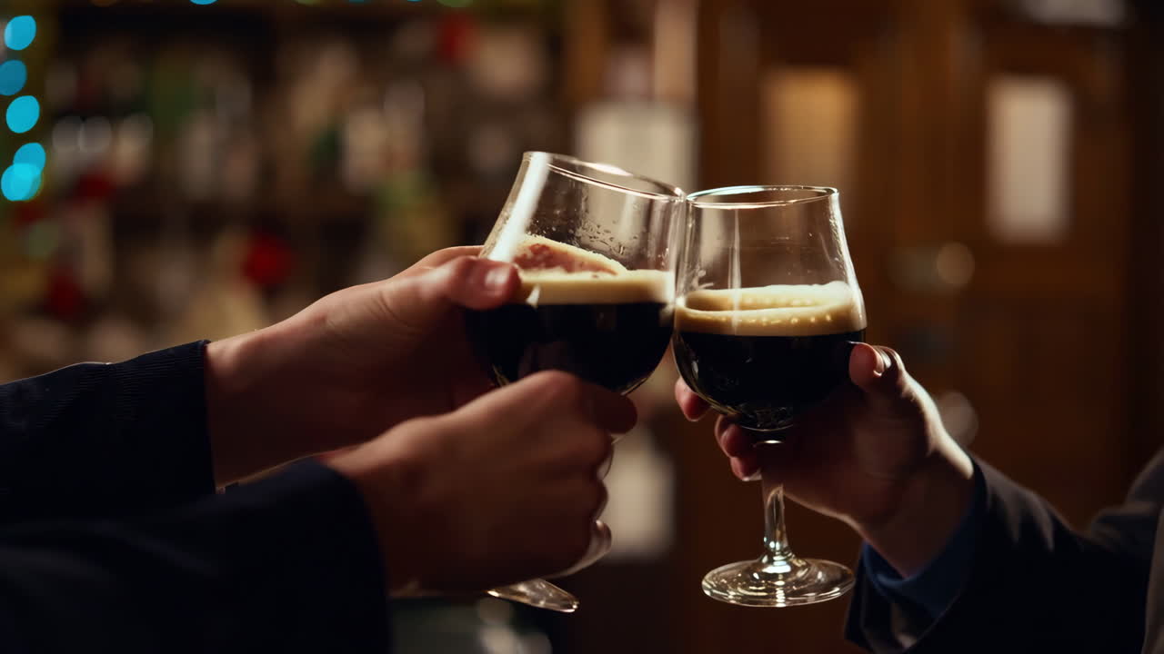 Two people toasting with dark beer glasses in a bar