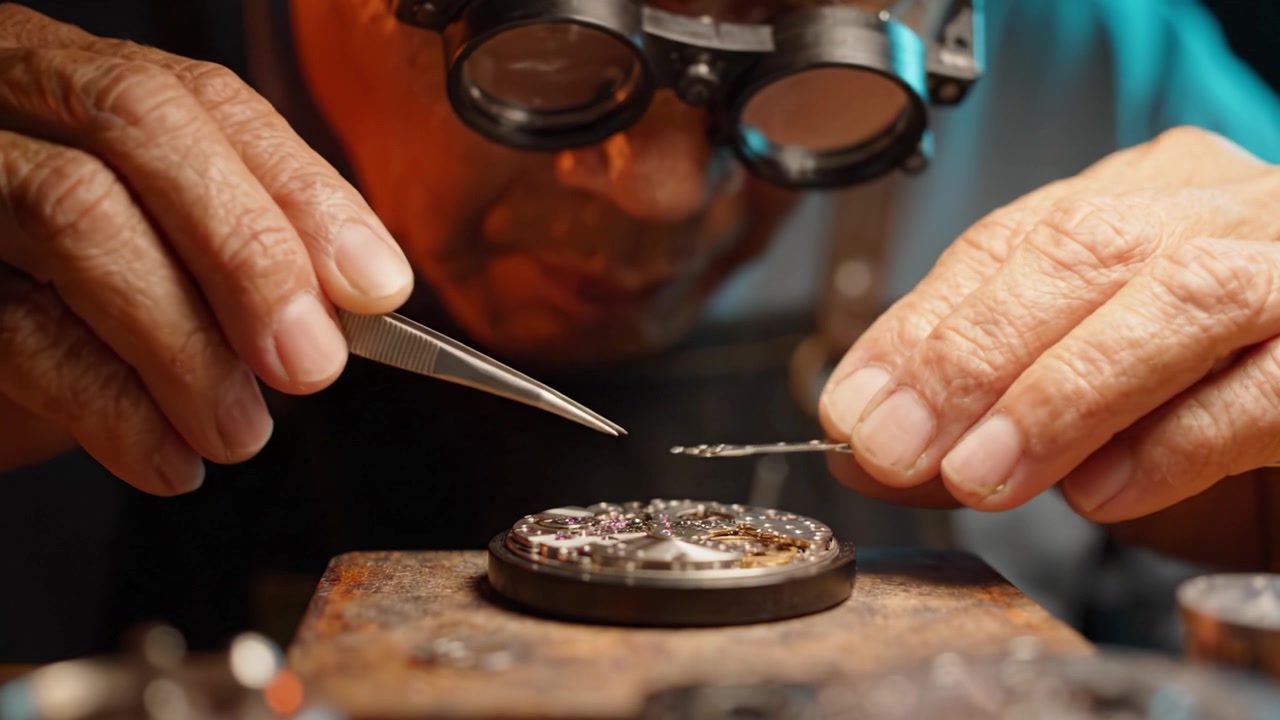 Maestro orologiaio concentrato sulla precisione artigianale, che ripara componenti complessi di orologi sotto ingrandimento con cura ed esperienza in un ambiente focalizzato.