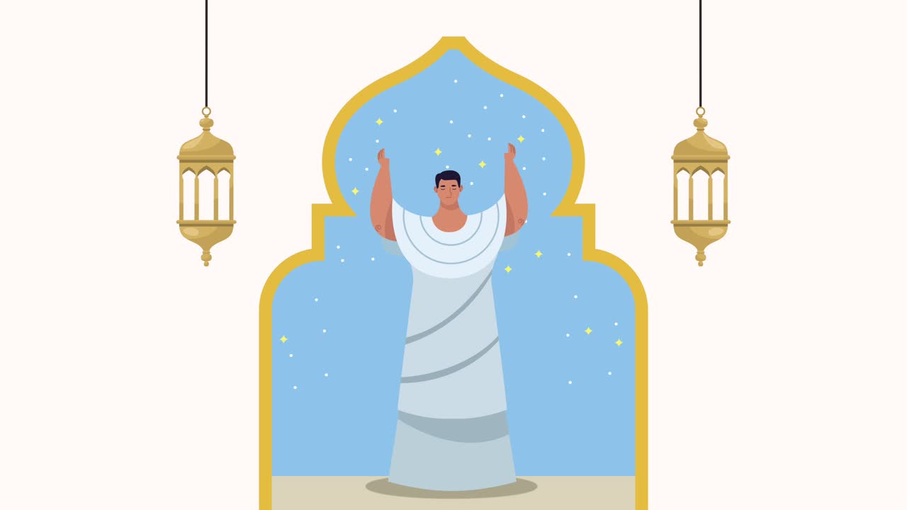 hajj mabrour celebrando con el hombre orando en el arco