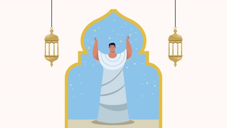 hajj mabrour celebrando con el hombre orando en el arco