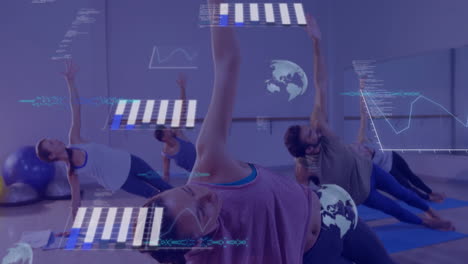 people exercising in gym with global data analytics animation over them