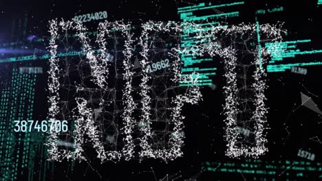 animación del banner de texto de nft, cambio de números y procesamiento de datos contra un fondo negro.