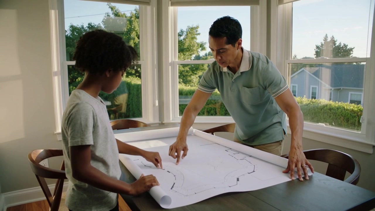 Pai de polo verde desdobrando um plano, guiando a filha de camiseta cinza à mesa de jantar.