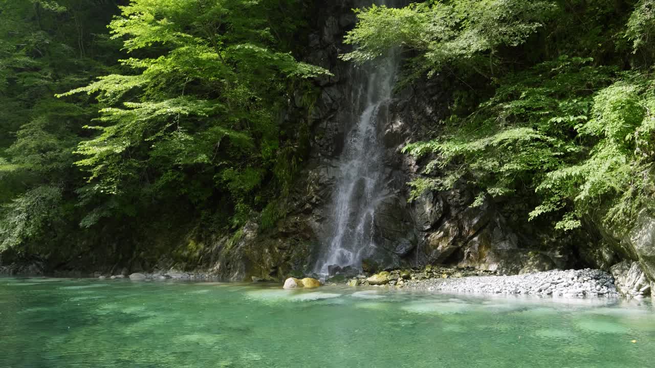 Perfect slow motion nature scenery with waterfall and turquoise waters