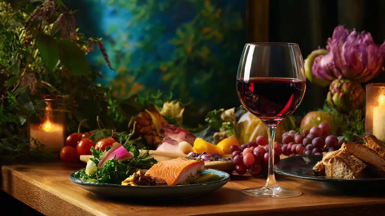 Una tavola splendidamente apparecchiata con una varietà di piatti deliziosi accompagnati da un bicchiere di vino rosso, circondata da ingredienti freschi e uno sfondo verde lussureggiante, perfetta per una squisita esperienza culinaria