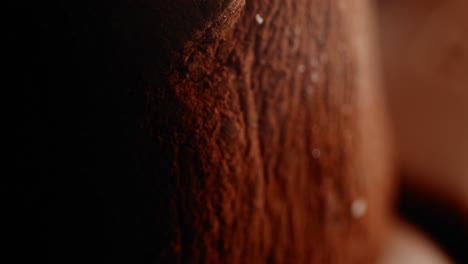 macro shot of cocoa dusted mochi sitting on bar of chocolate