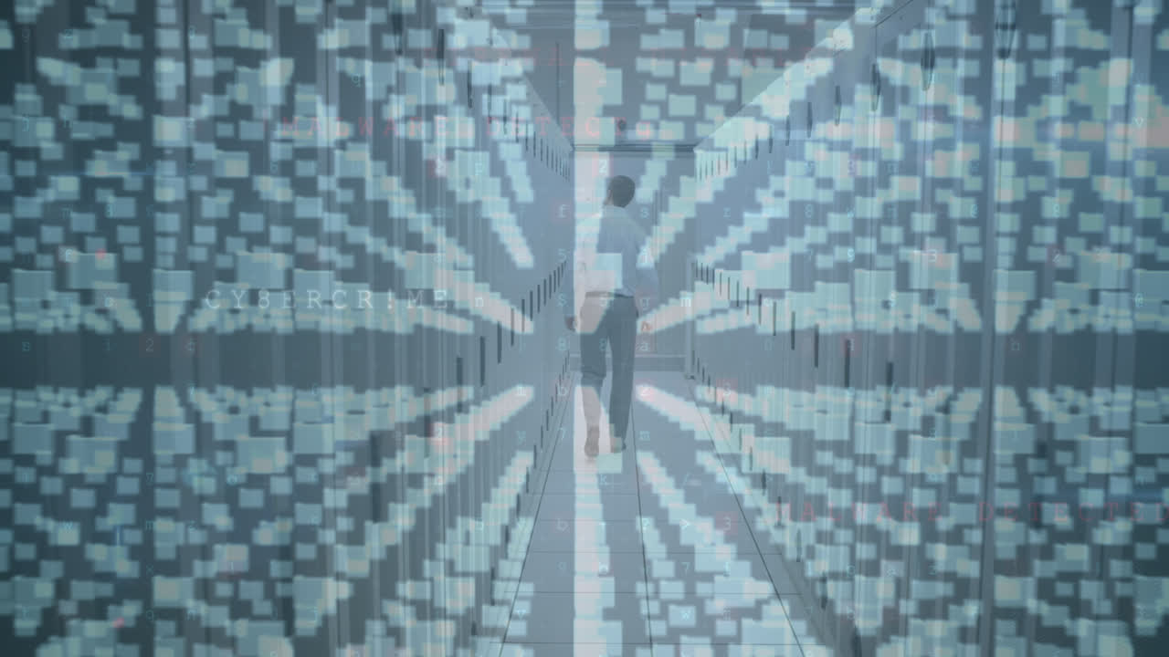 서버 에 있는 백인 남성 위에 사이버 공격 경고와 락의 애니메이션