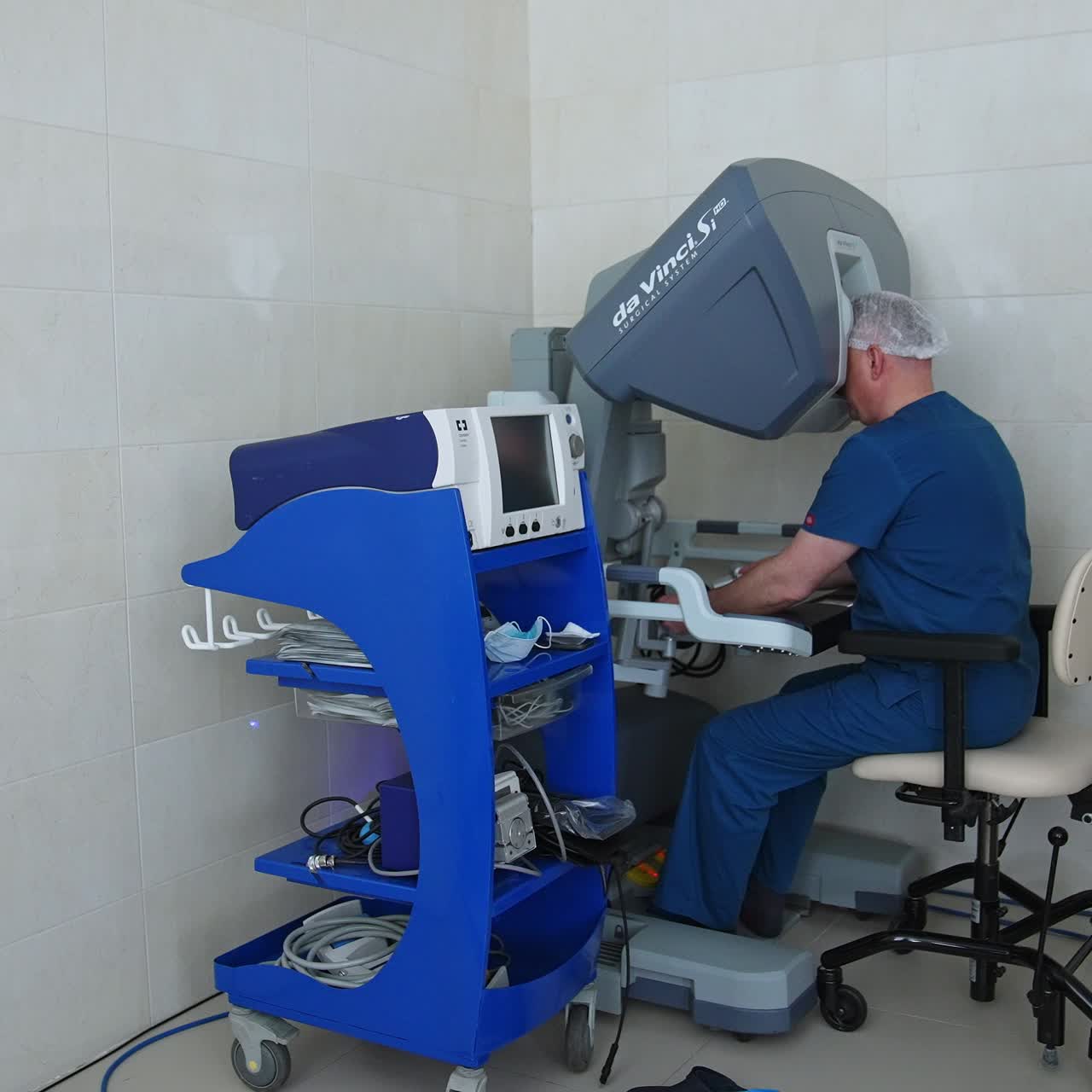 Surgery robotic operation innovation. Da Vinci surgeon modern robot