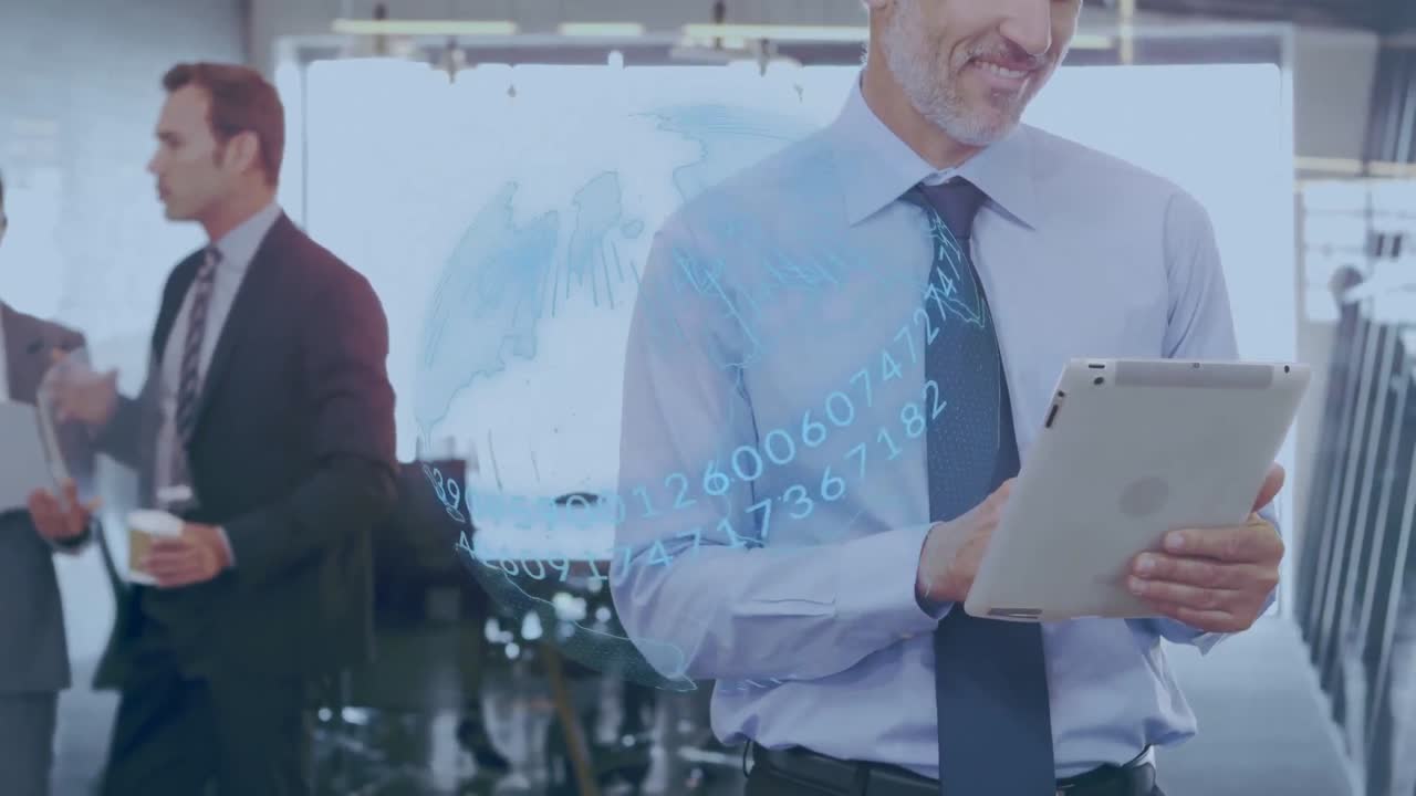 Animation of data processing over globe against caucasian businessman using digital tablet at office