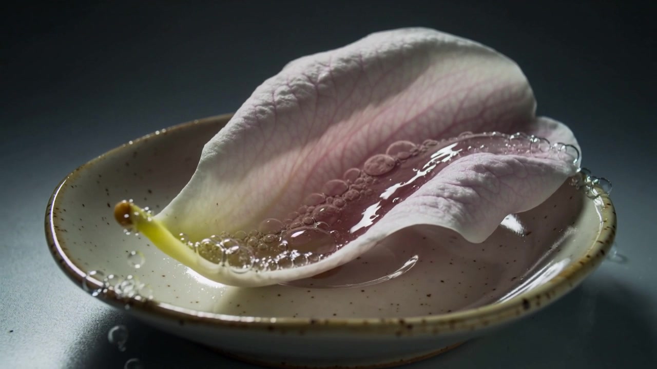 Un flusso d'acqua limpida che incontra un singolo petalo rosa pallido su un piano d'appoggio grigio neutro.
