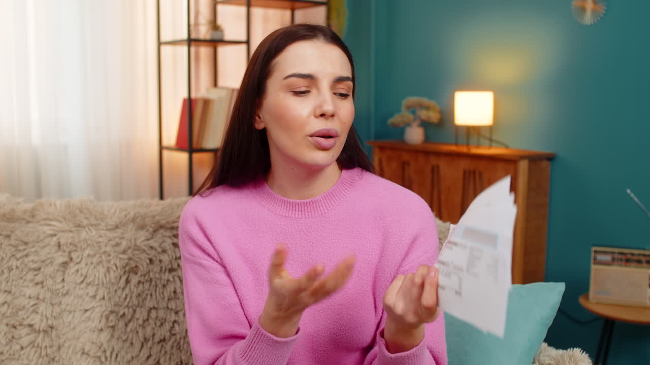 Young woman disappointed stressed sits on sofa holding bills worried financial problems asking why