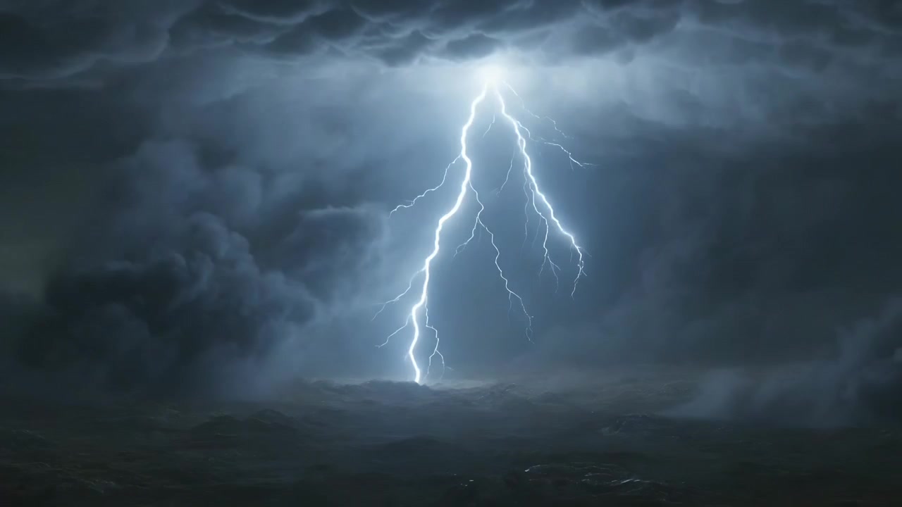 Un fulmine lampeggiante si forma alla base di una nuvola, la carica si accumula, illuminando la pianura e le luci lontane.