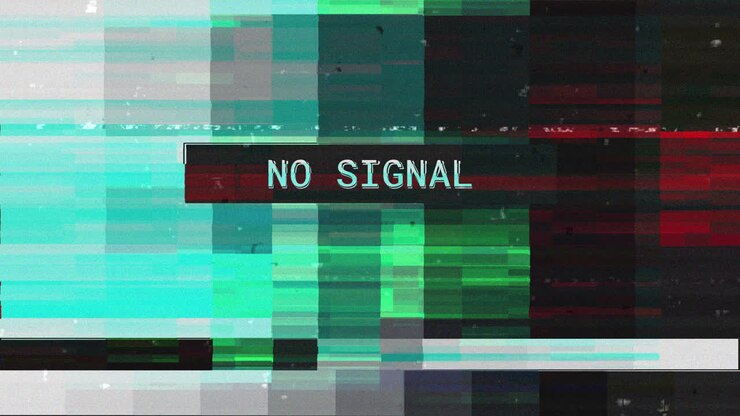 Kein Signal Meldung mit digitalem Glitch und statischer Verzerrung