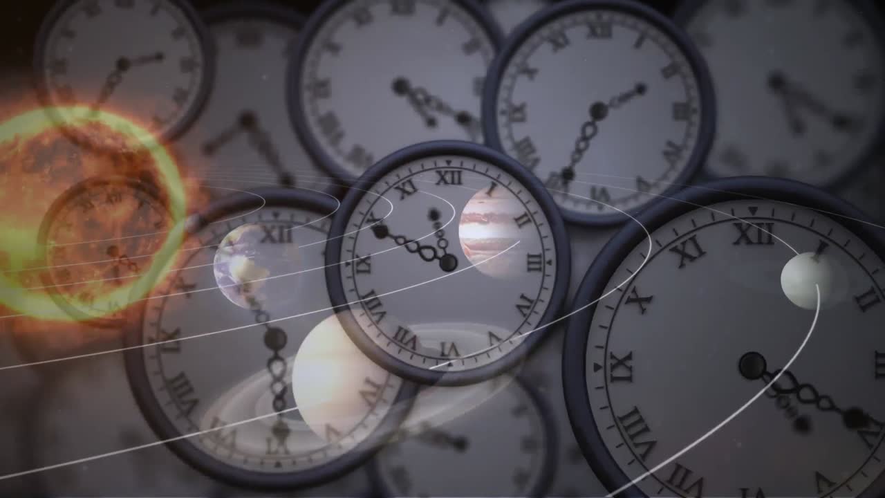анимация солнечных систем, планет и космоса над тикающими часами
