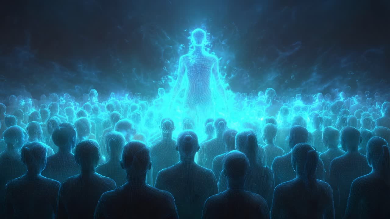 A mesmerizing scene of ethereal beings as a luminous figure stands at the forefront, surrounded by an audience of glowing silhouettes, evoking feelings of unity, enlightenment, and the convergence of consciousness