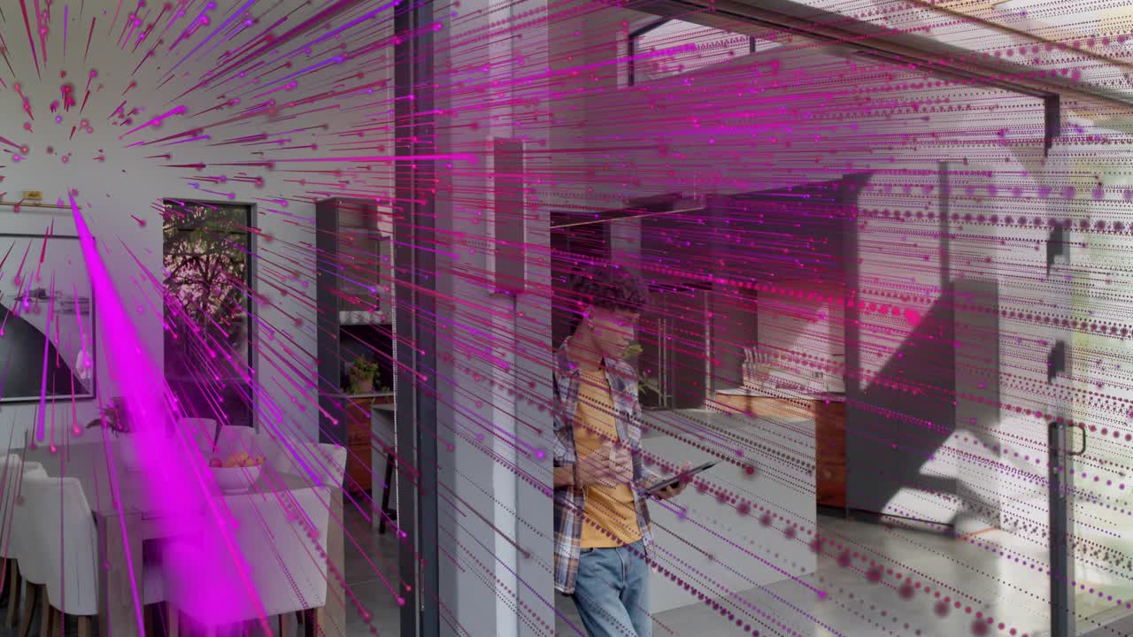 Man holding tablet by glass partition, magenta streaks sweeping from left, visualizing AR home tech