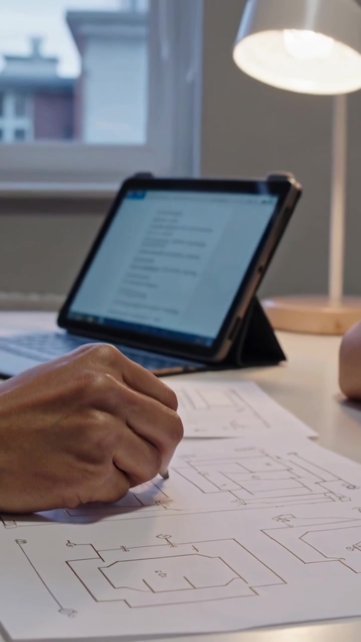 Vertical video: Following tablet prompt, right hand tracing floor-plan sheets at desk