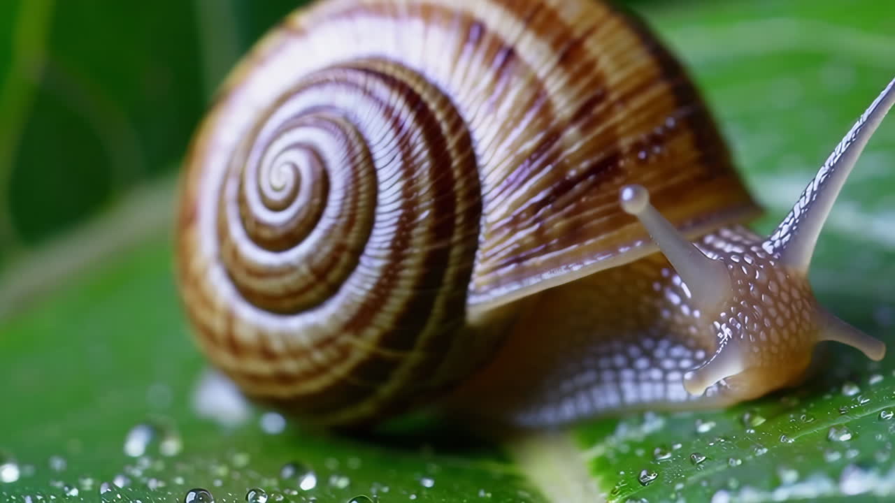 Close-up of a Snail on a Green Leaf with Water Droplets